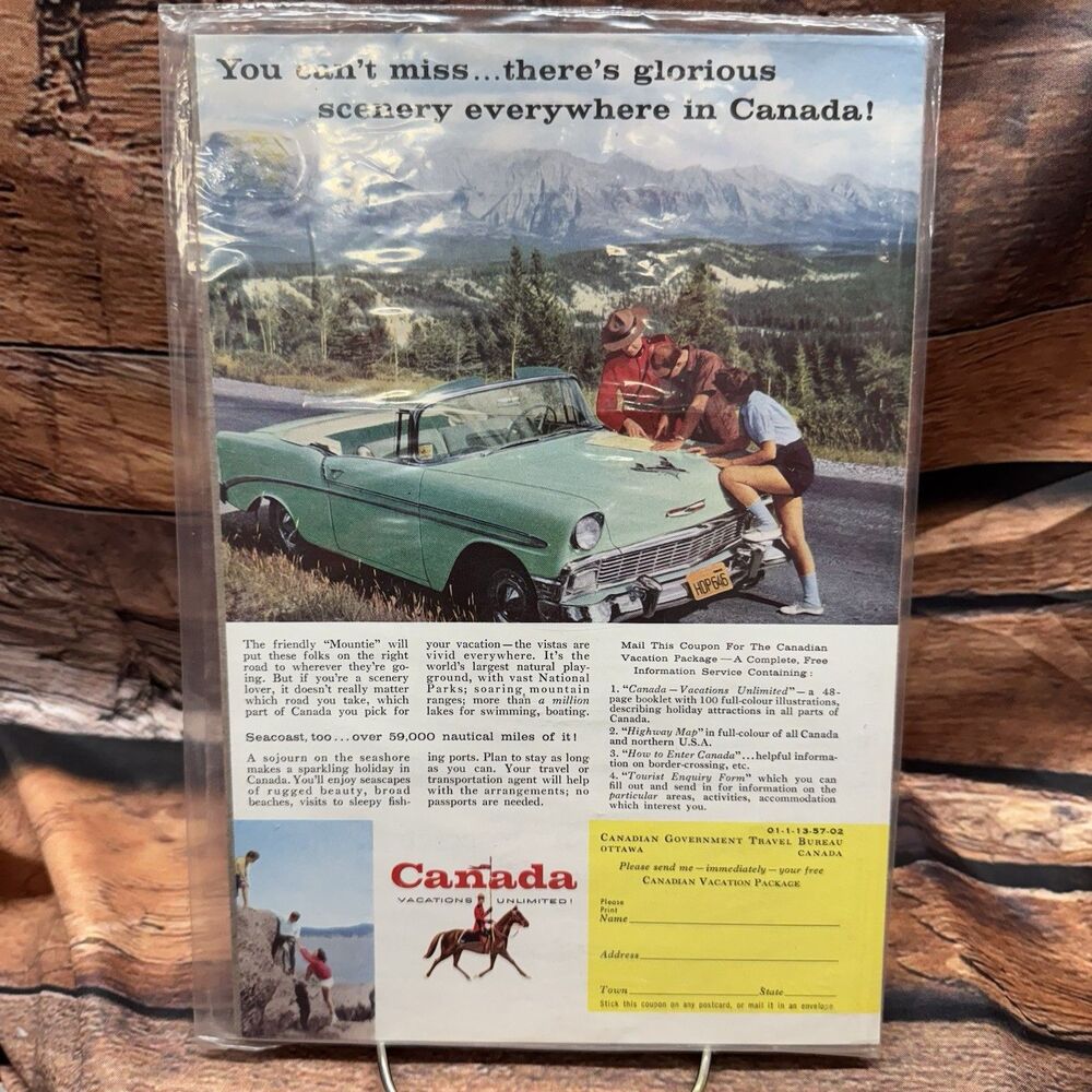 1956 Canada Tourism Print Ad Vintage 1956 Chevrolet Bel Air Convertible Mountie